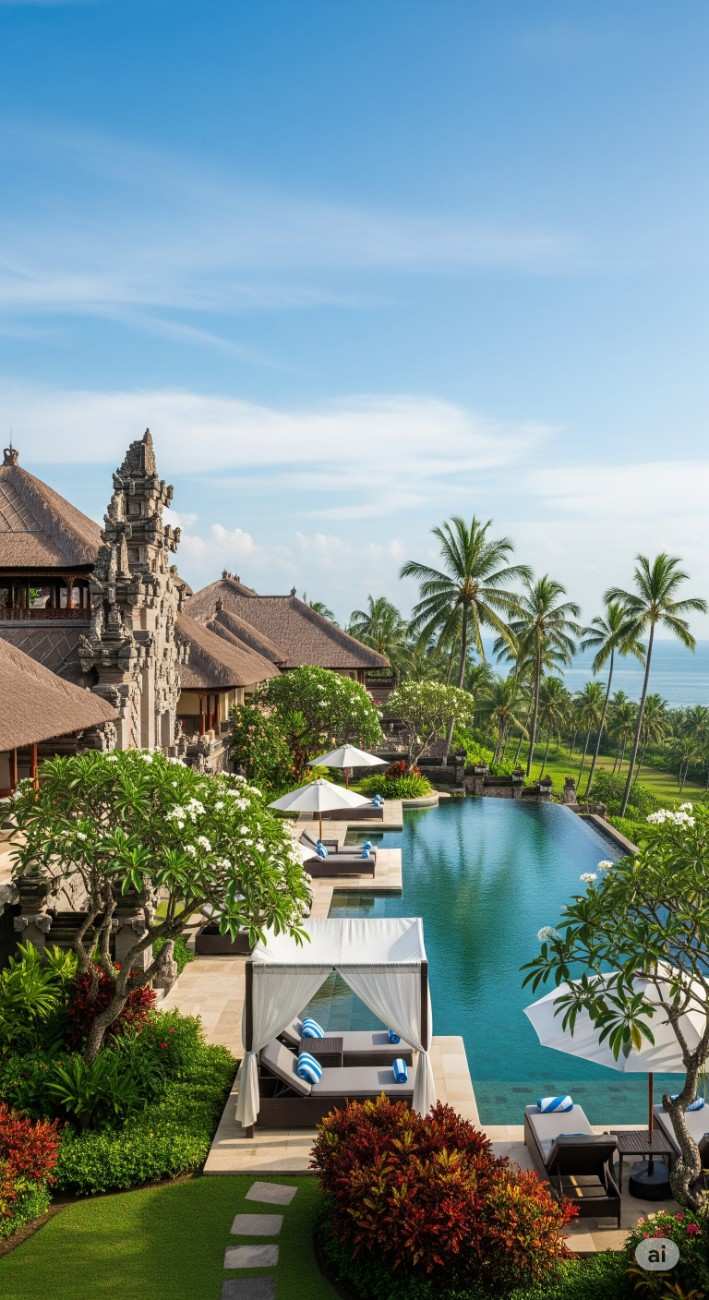 Pemandangan dari atas sebuah villa mewah pinggir pantai di Bali dengan kolam renang besar bergaya laguna, pohon kelapa, dan pemandangan laut.