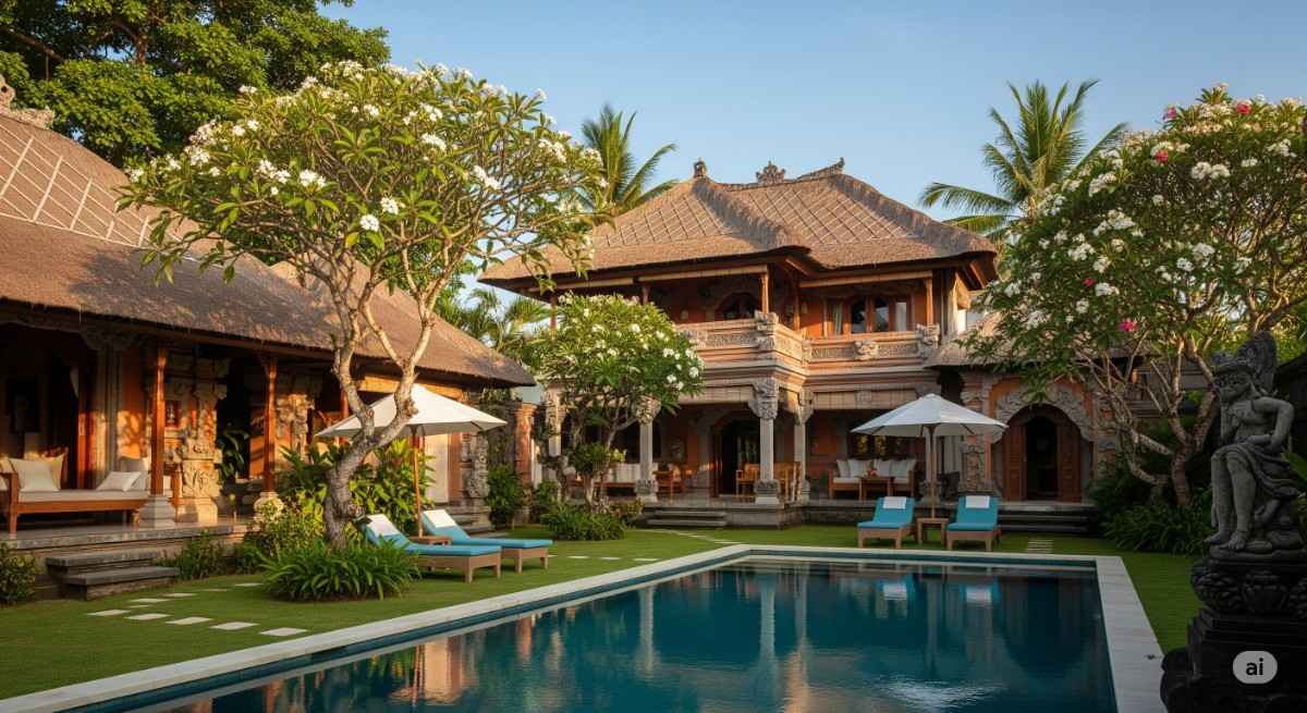 Villa mewah di Bali dengan kolam renang pribadi yang dikelilingi taman tropis dan pohon kamboja.