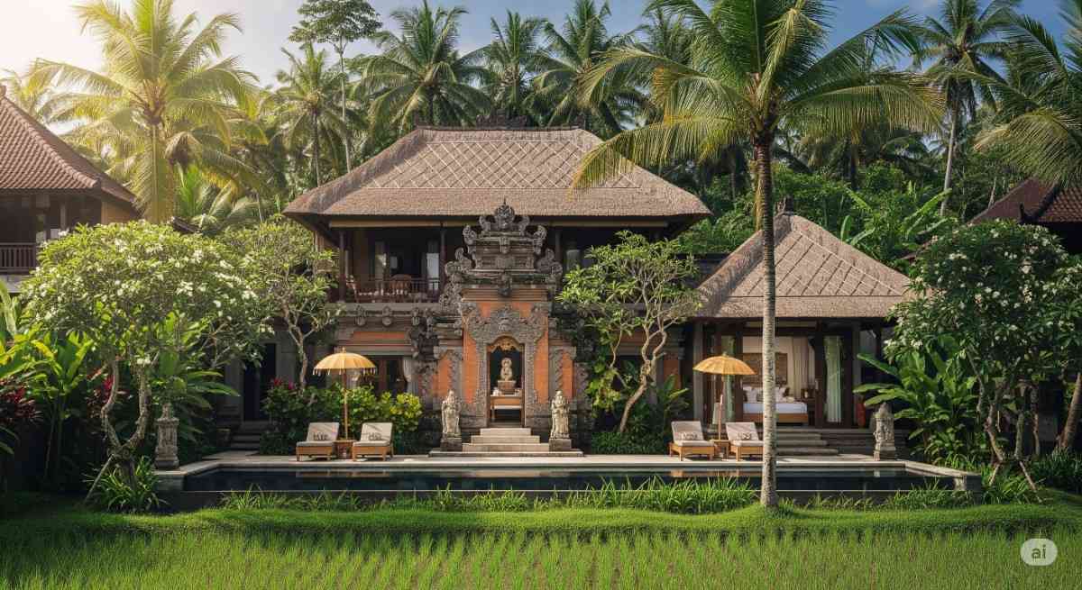 Villa mewah di Ubud, Bali dengan kolam renang pribadi dan pemandangan sawah.