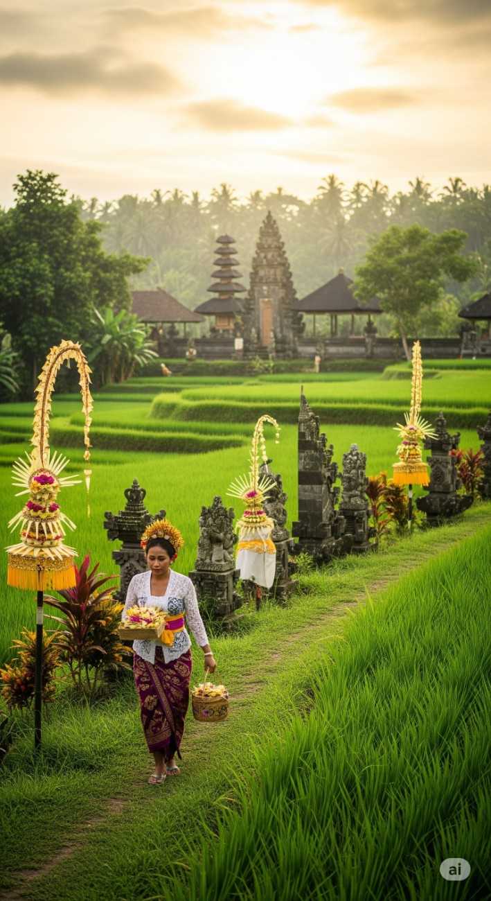 Wanita Bali berpakaian adat membawa sesajen (canang sari) berjalan di pematang sawah di Ubud saat matahari terbit, dengan pura dan penjor di latar belakang.