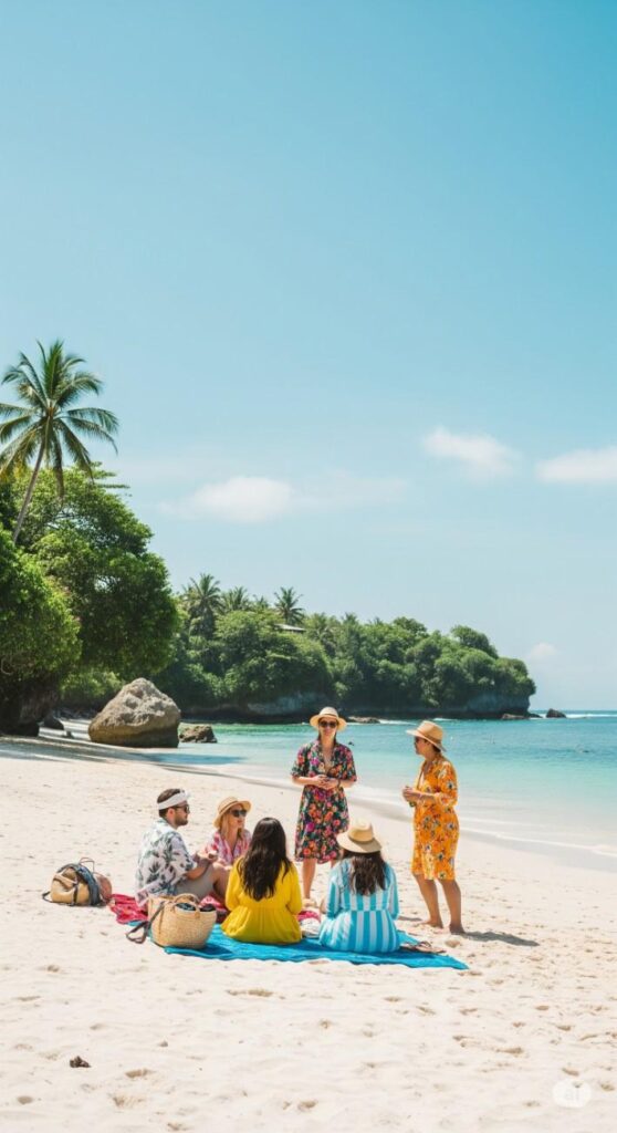 Sebuah keluarga atau grup teman sedang menikmati piknik santai di pantai pasir putih yang indah di Bali pada hari yang cerah.