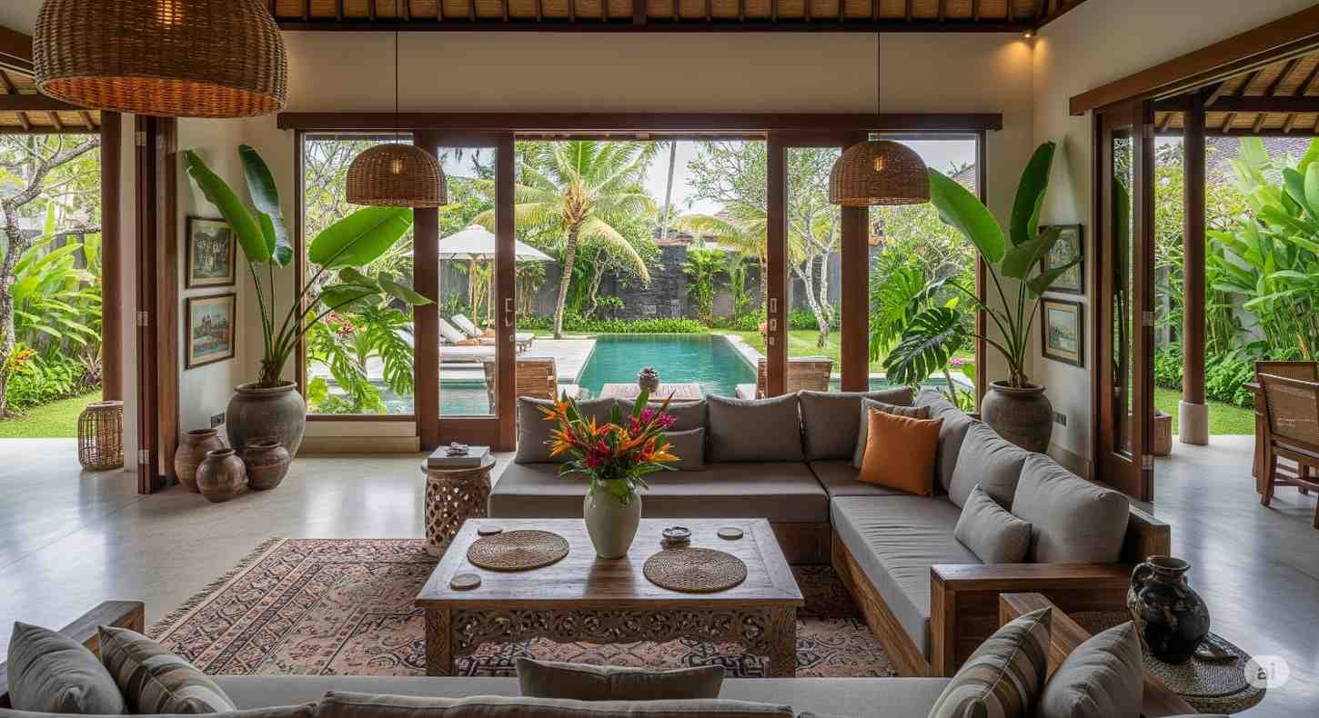 Luxury private villa in Bali with open living room, tropical garden view, and modern interior design