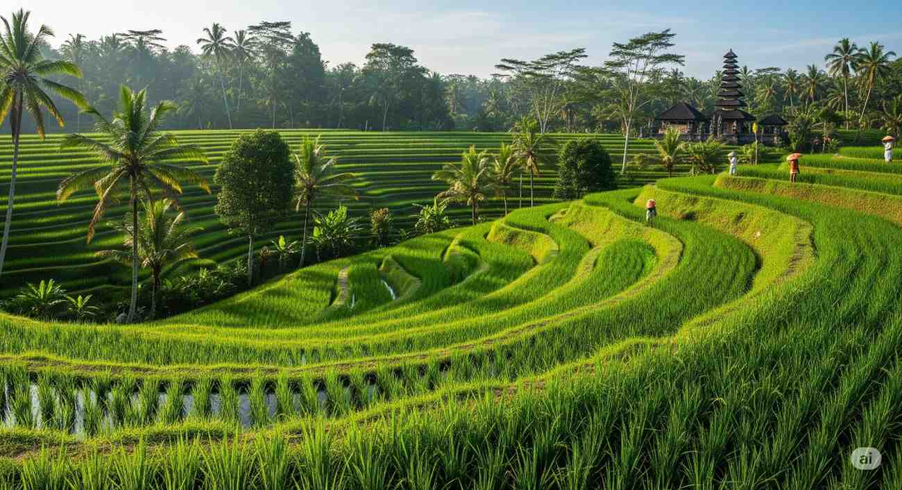 Beautiful terraced rice fields in Bali with palm trees and traditional temple in the background