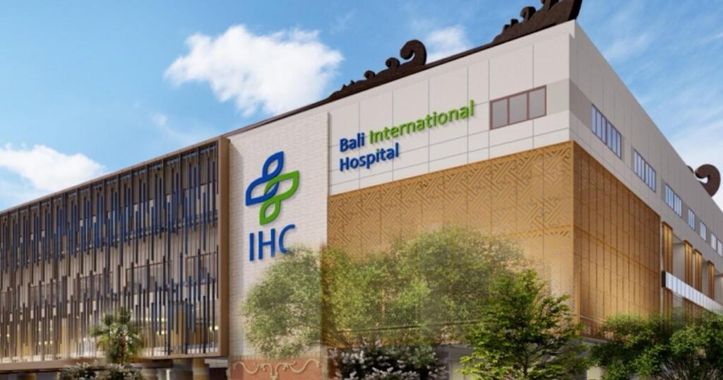 "Bali International Hospital modern building exterior with IHC logo"