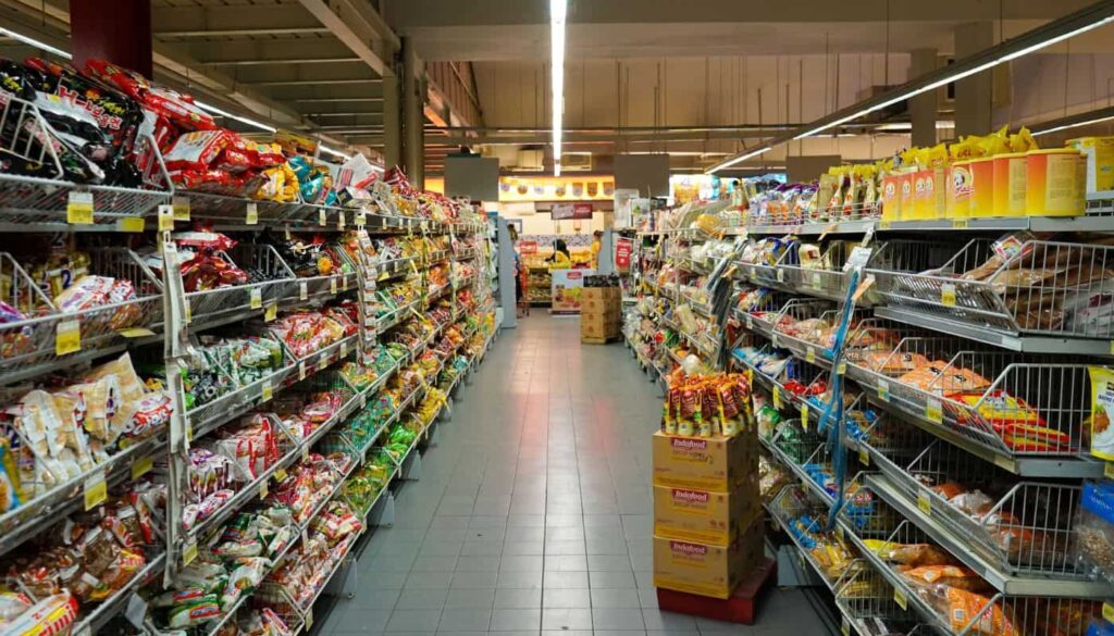 Grocery aisle inside a modern supermarket in Bali